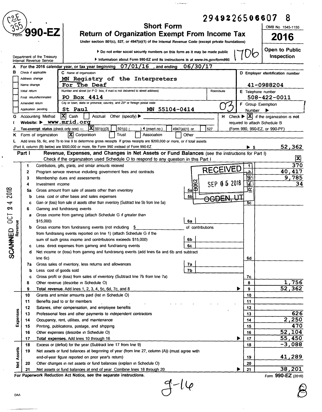 Image of first page of 2016 Form 990EZ for Minnesota Registry of Interpreters for the Deaf