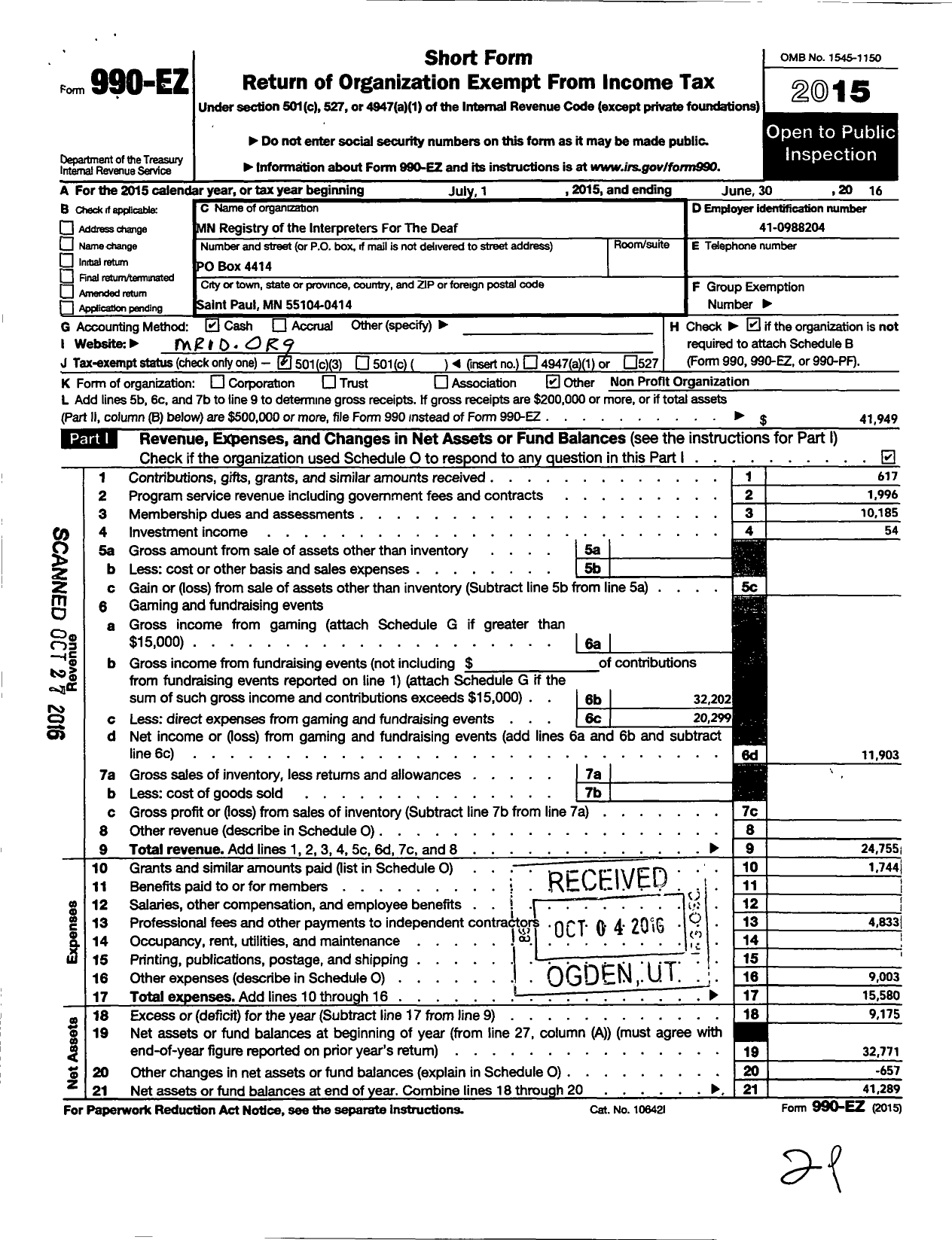 Image of first page of 2015 Form 990EZ for Minnesota Registry of Interpreters for the Deaf