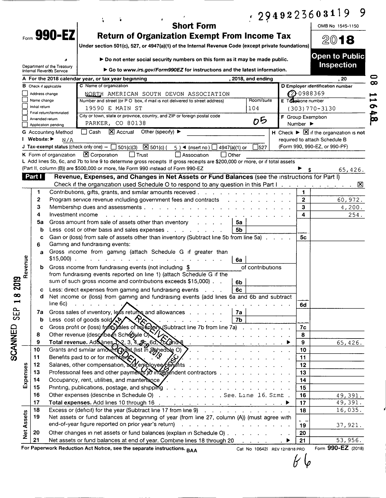 Image of first page of 2018 Form 990EO for North American South Devon Association