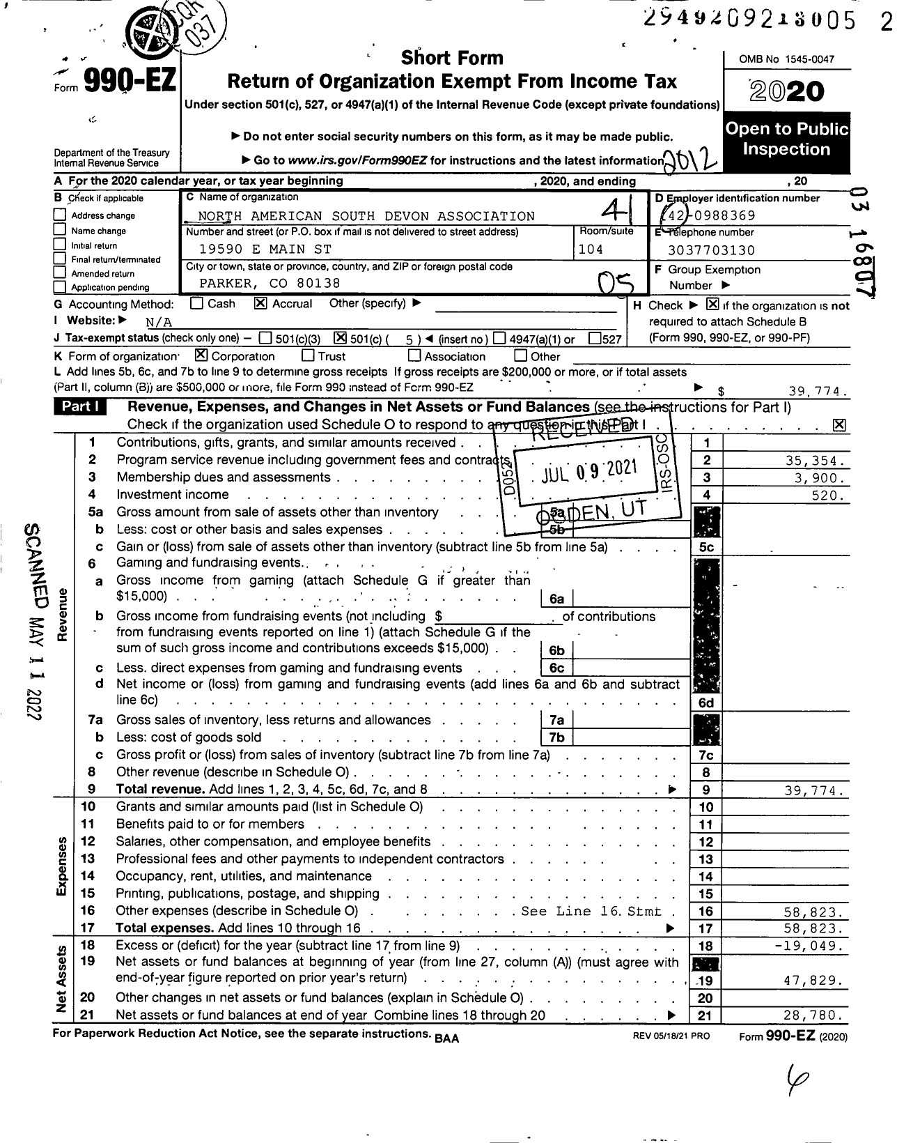 Image of first page of 2020 Form 990EO for North American South Devon Association