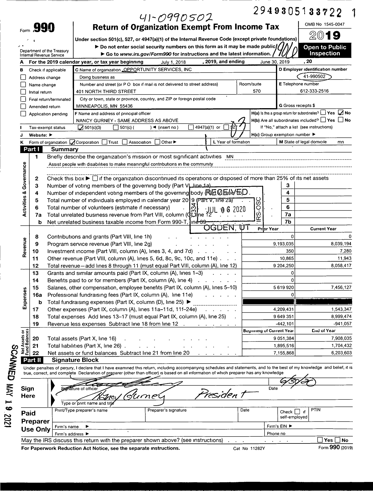 Image of first page of 2018 Form 990 for Opportunity Services (OS)