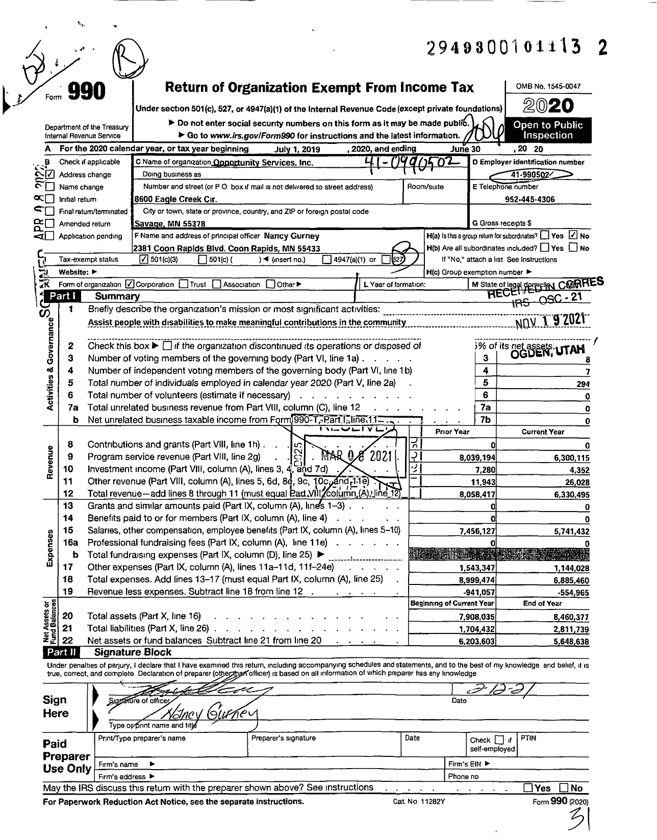 Image of first page of 2019 Form 990 for Opportunity Services (OS)