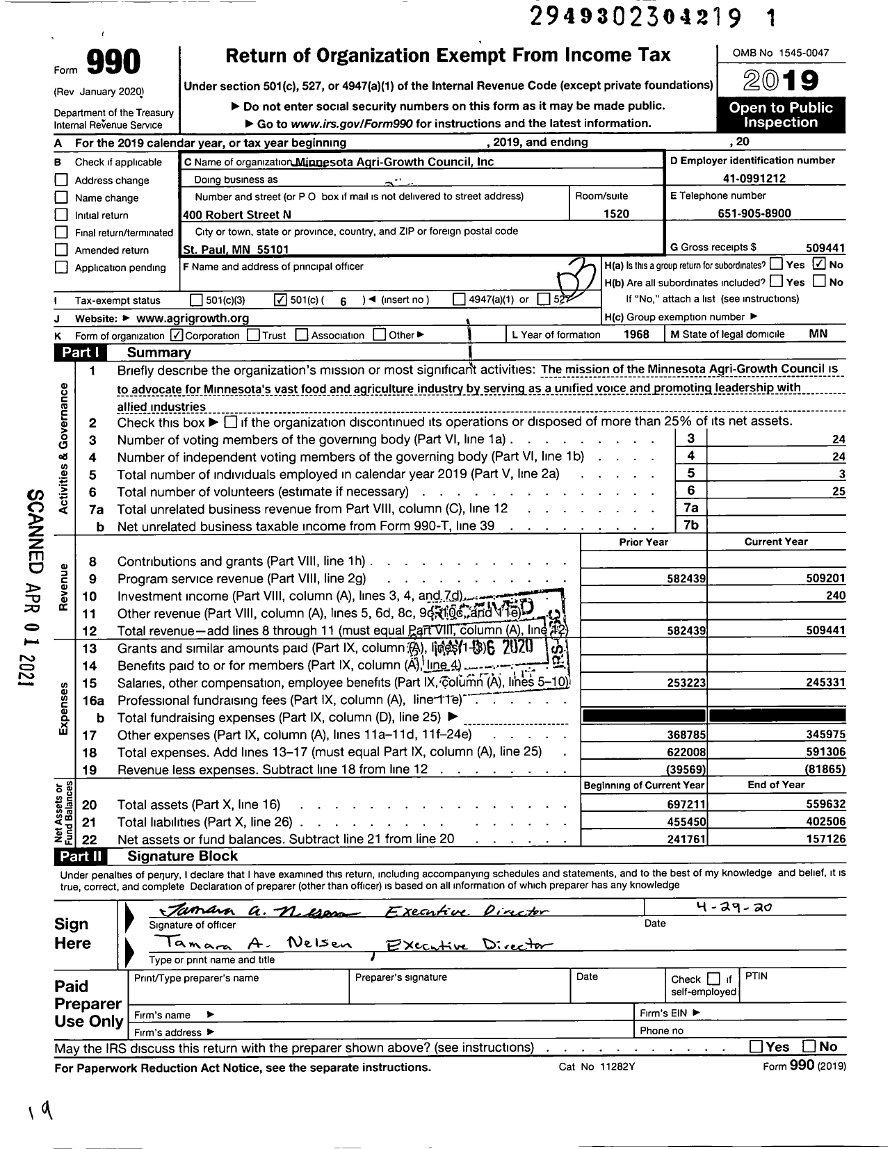 Image of first page of 2019 Form 990 for Minnesota Agri-Growth Council