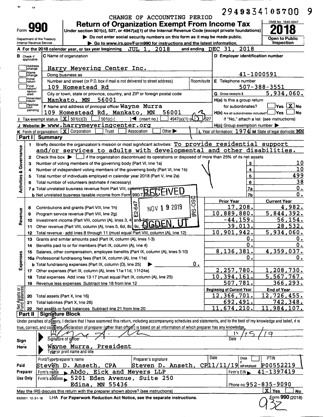 Image of first page of 2018 Form 990 for Harry Meyering Center