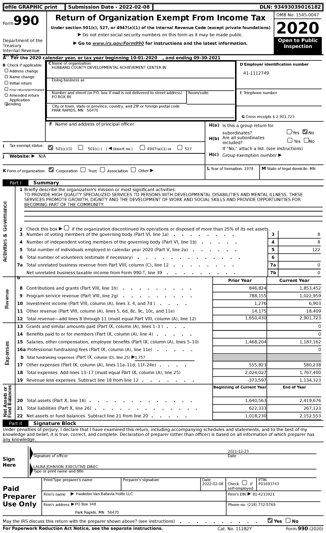 Image of first page of 2020 Form 990 for Hubbard County Developmental Achievement Center in