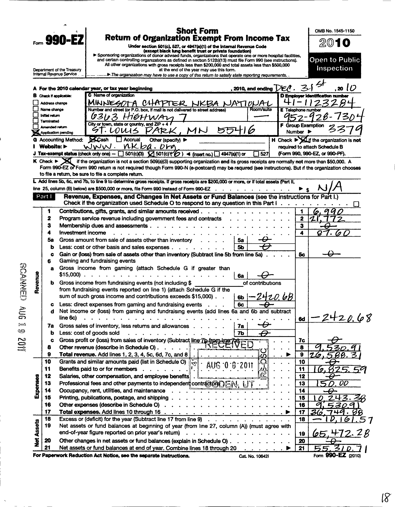 Image of first page of 2010 Form 990EO for National Kitchen and Bath Association / Minnesota State Chapter