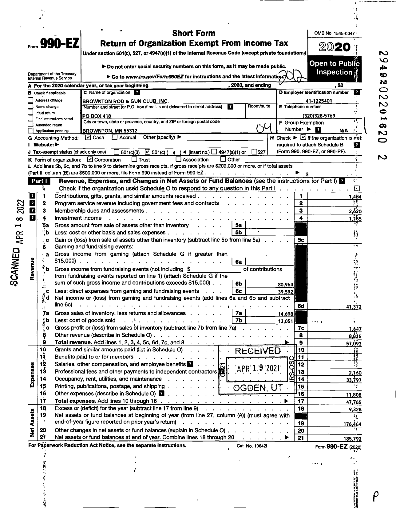 Image of first page of 2020 Form 990EO for Brownton Rod and Gun Club