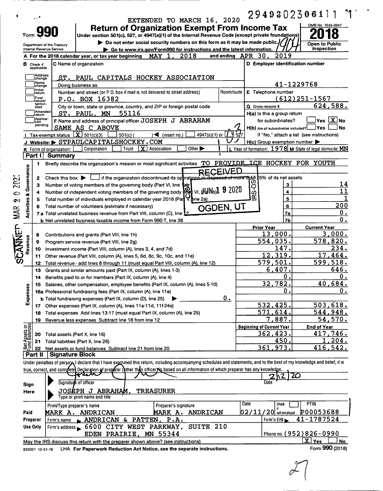 Image of first page of 2018 Form 990 for St Paul Capitals Hockey Association