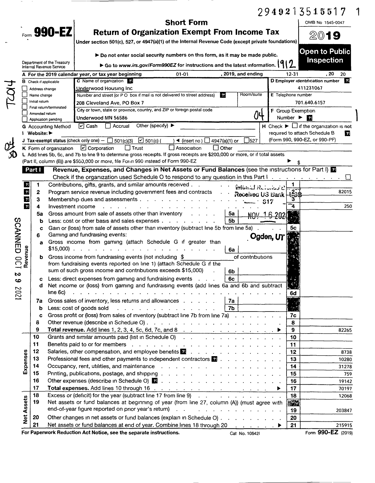 Image of first page of 2019 Form 990EO for Underwood Housing