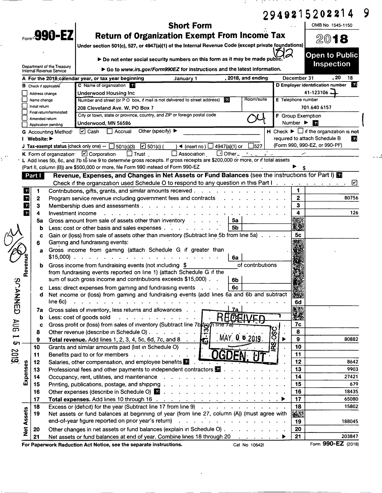 Image of first page of 2018 Form 990EO for Underwood Housing