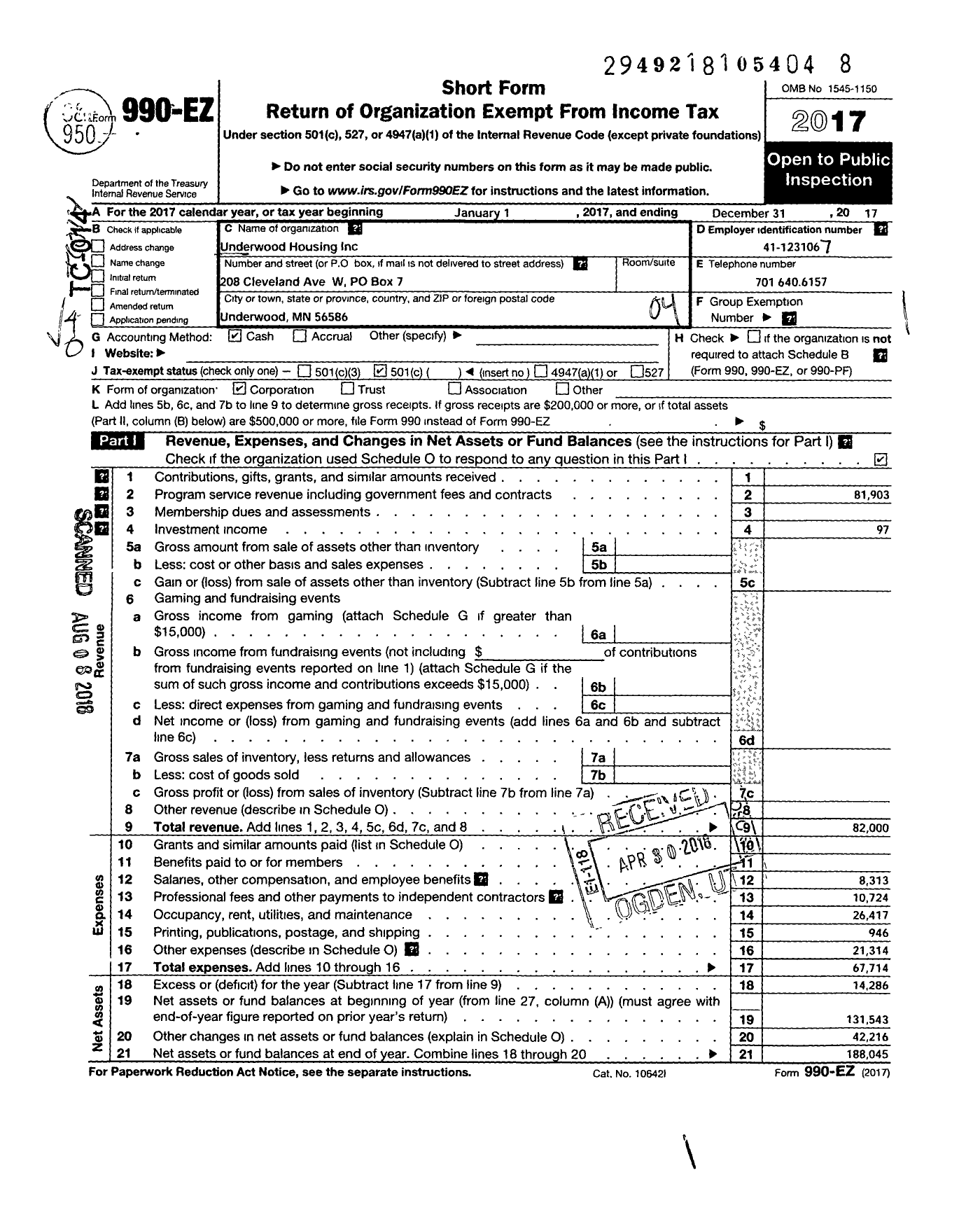 Image of first page of 2017 Form 990EO for Underwood Housing