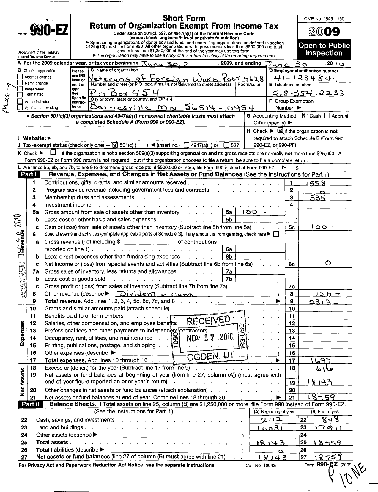 Image of first page of 2009 Form 990EO for Veterans of Foreign Wars Dept of Minnesota / 4628 VFW-MN