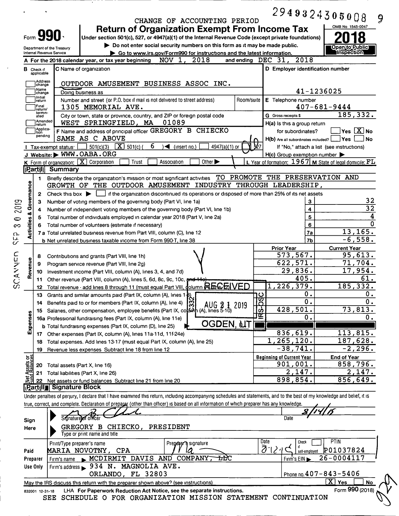 Image of first page of 2018 Form 990O for Outdoor Amusement Business Association (OABA)