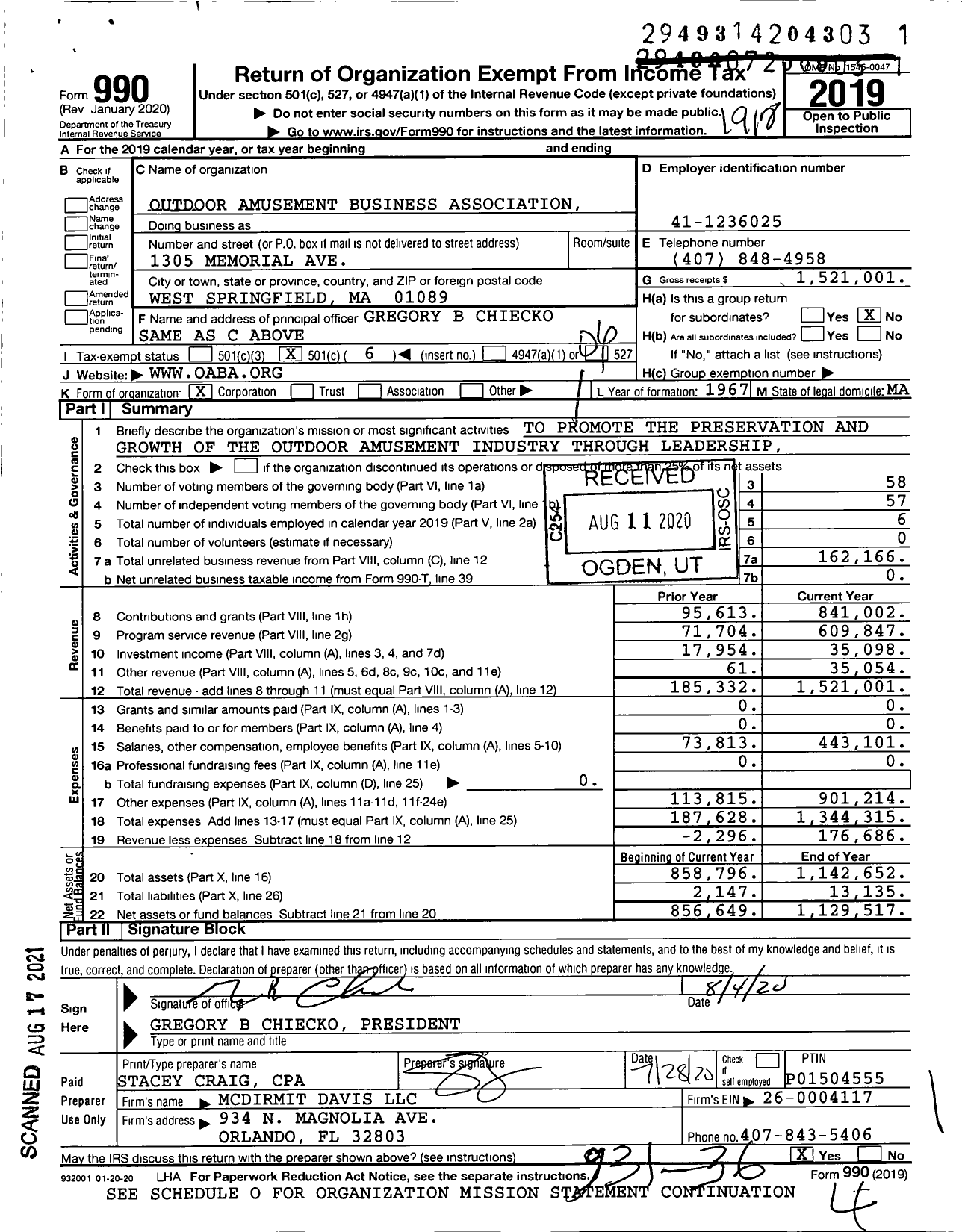 Image of first page of 2019 Form 990O for Outdoor Amusement Business Association (OABA)