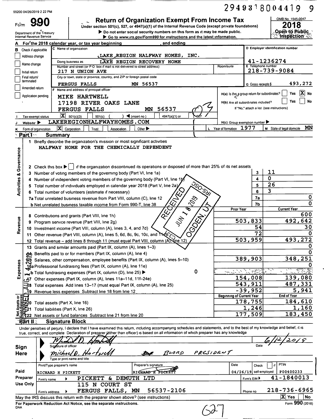 Image of first page of 2018 Form 990 for Lake Region Halfway Homes