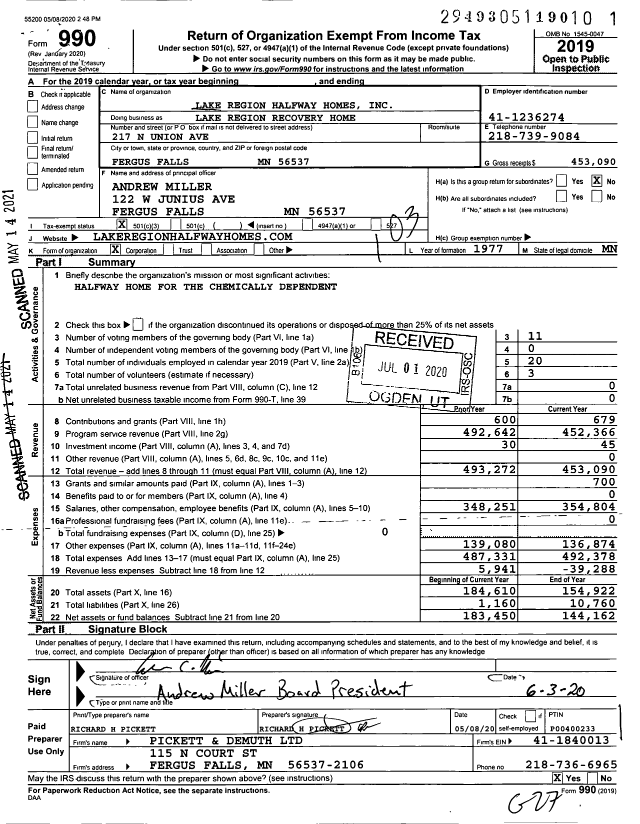 Image of first page of 2019 Form 990 for Lake Region Halfway Homes