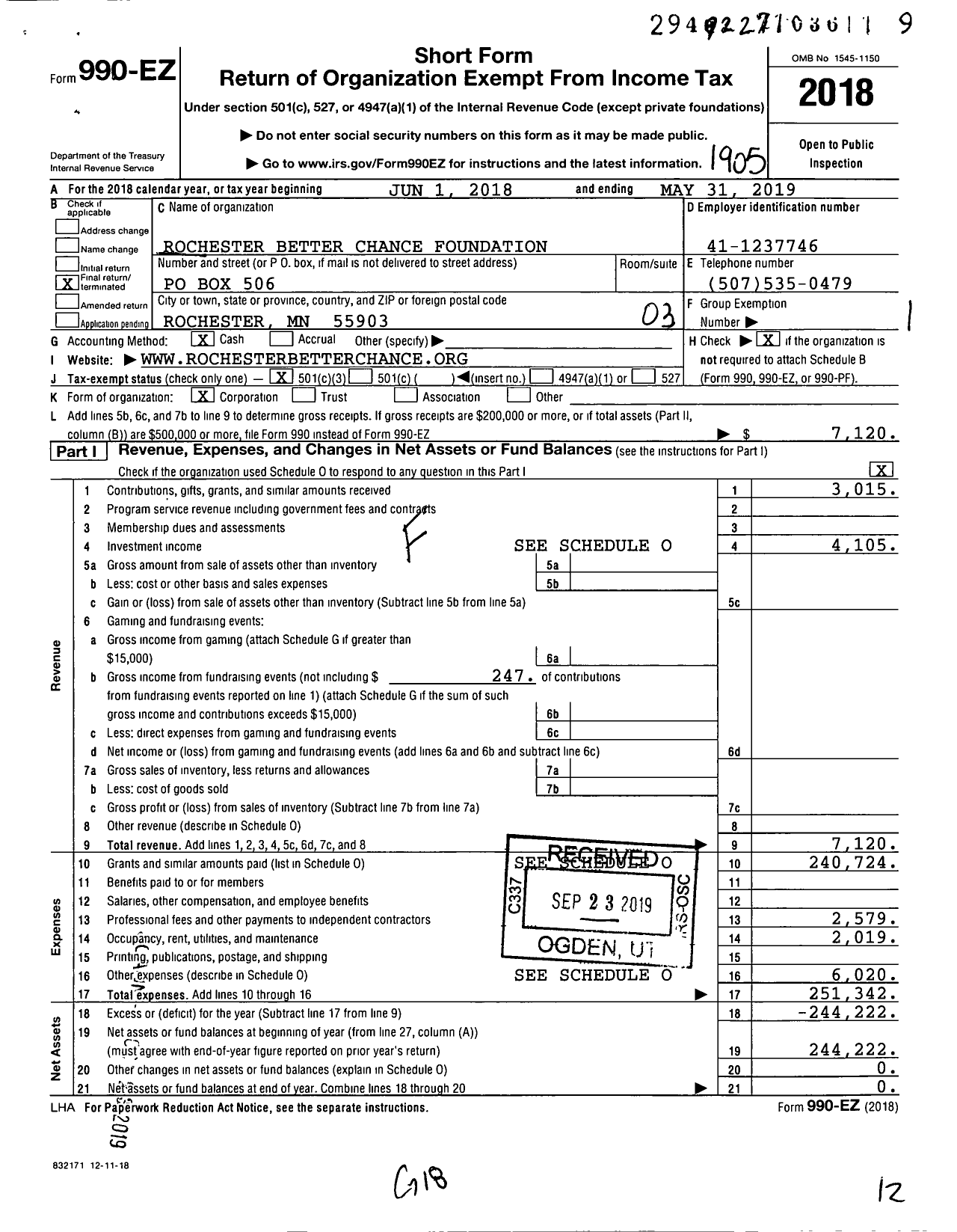 Image of first page of 2018 Form 990EZ for Rochester Better Chance Foundation