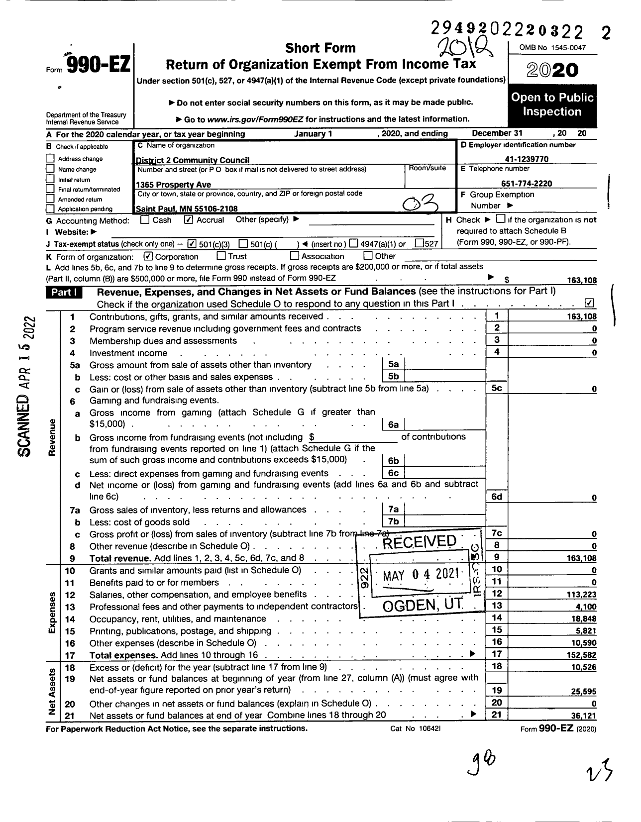 Image of first page of 2020 Form 990EZ for District 2 Community Council