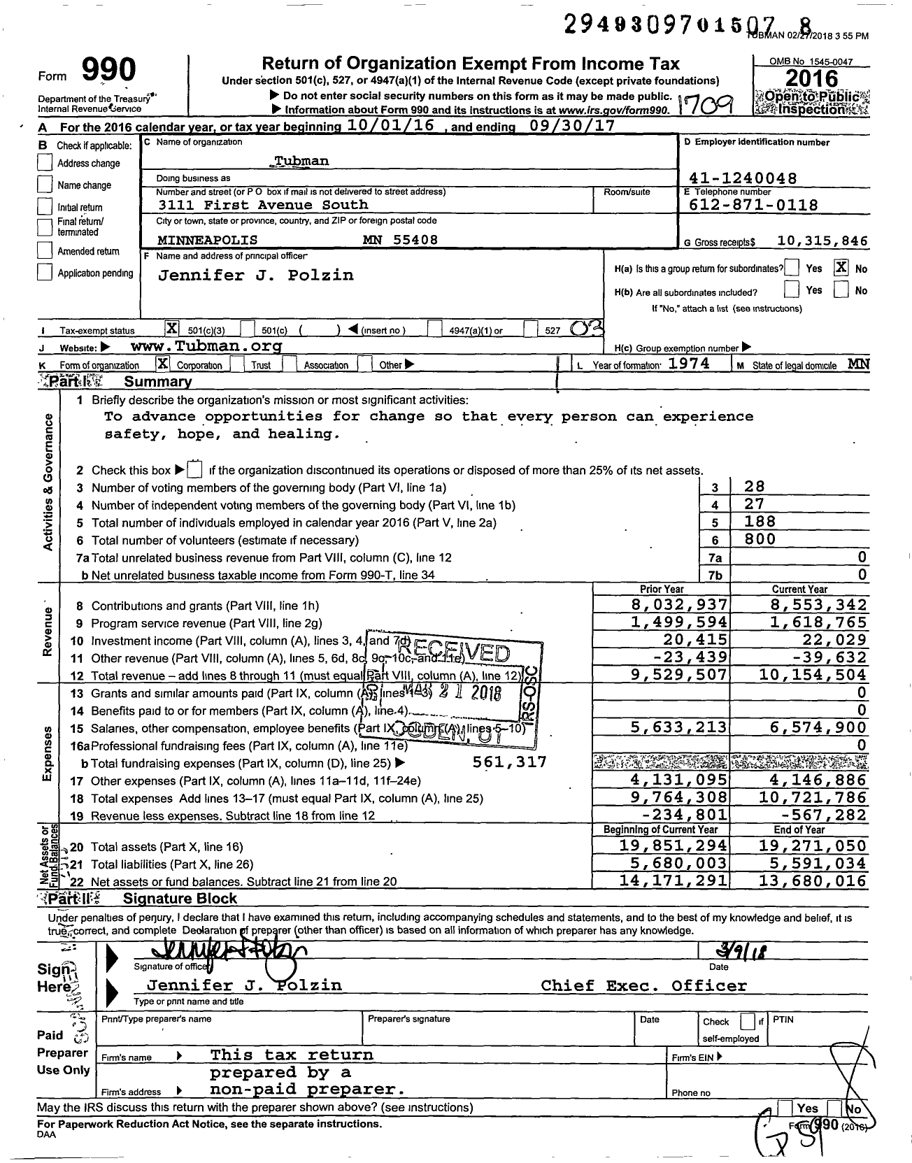 Image of first page of 2016 Form 990 for Tubman