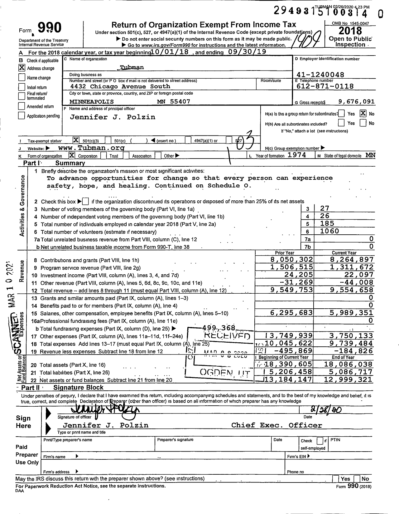 Image of first page of 2018 Form 990 for Tubman