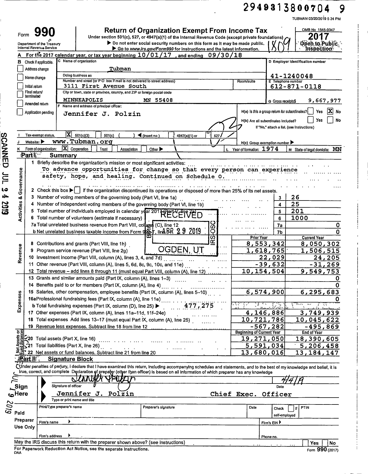 Image of first page of 2017 Form 990 for Tubman