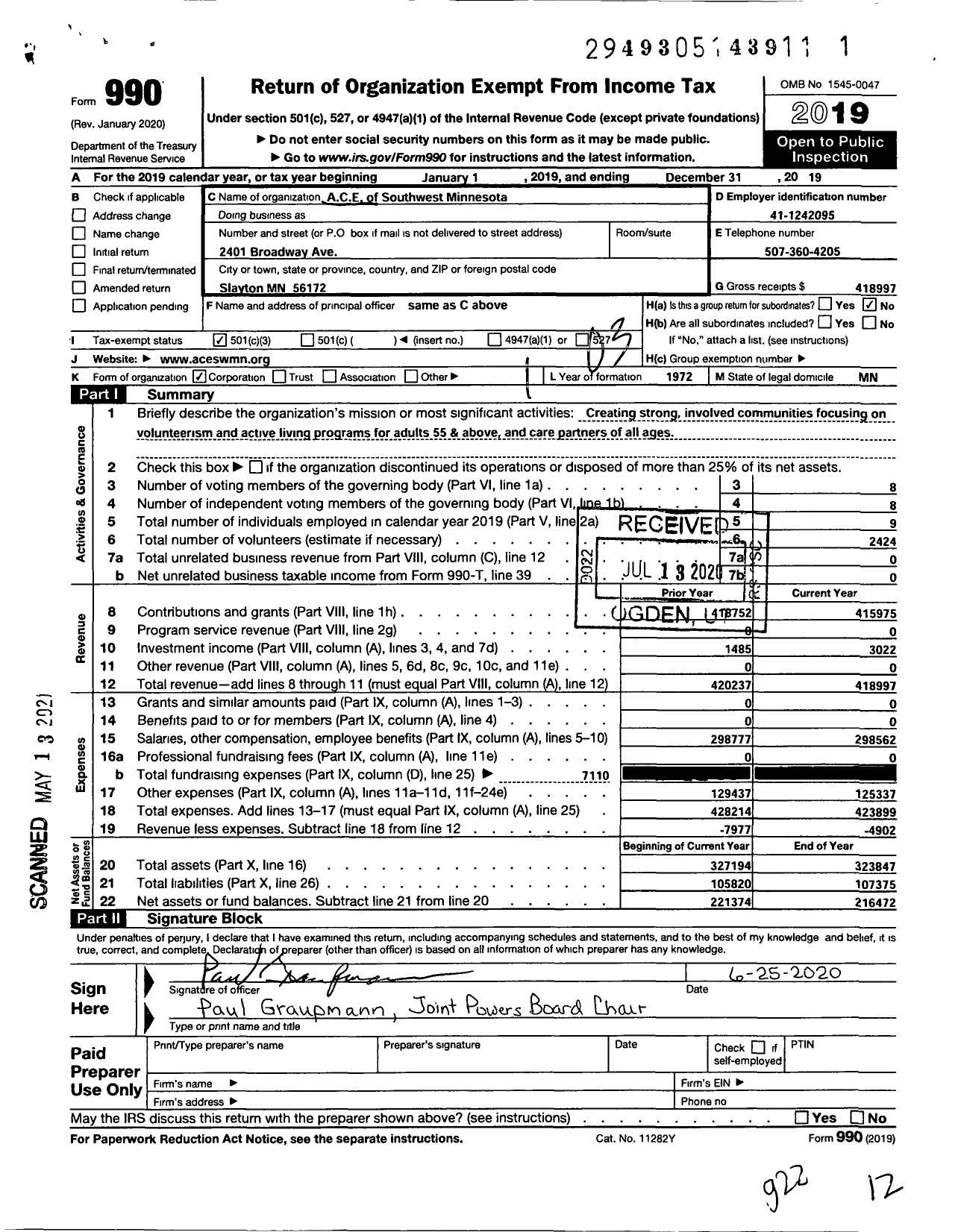 Image of first page of 2019 Form 990 for A C E of Southwest Minnesota