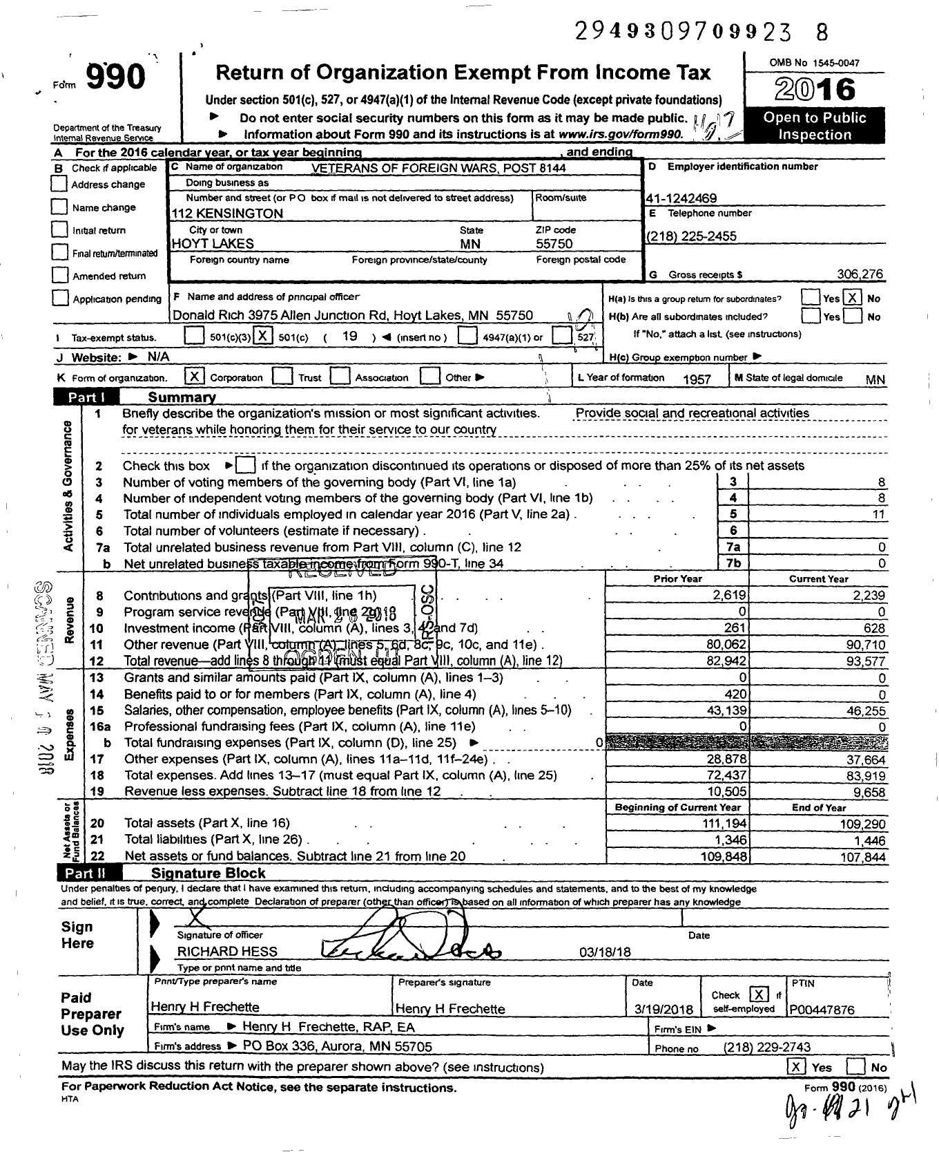 Image of first page of 2016 Form 990O for MN VFW - 8144 VFW-MN (8144 VFW-MN)