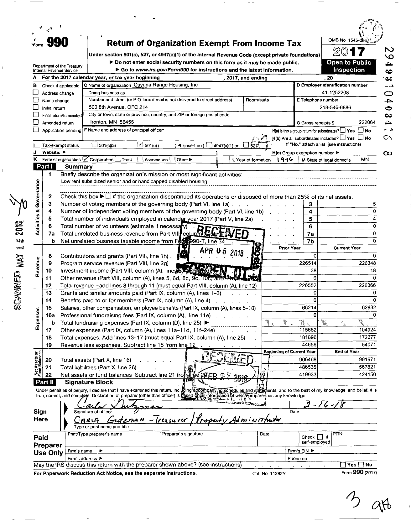 Image of first page of 2017 Form 990O for Cuyuna Range Housing