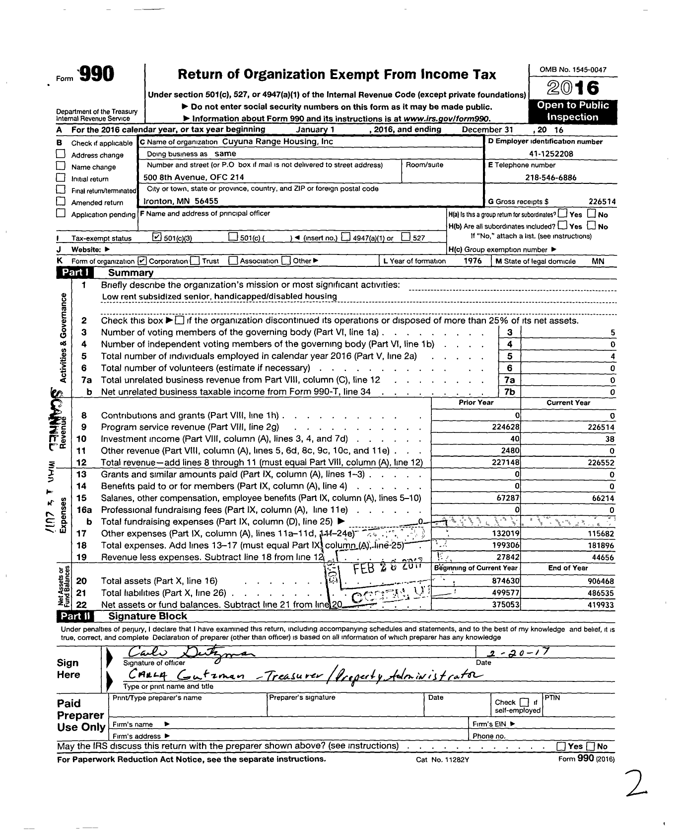 Image of first page of 2016 Form 990 for Cuyuna Range Housing