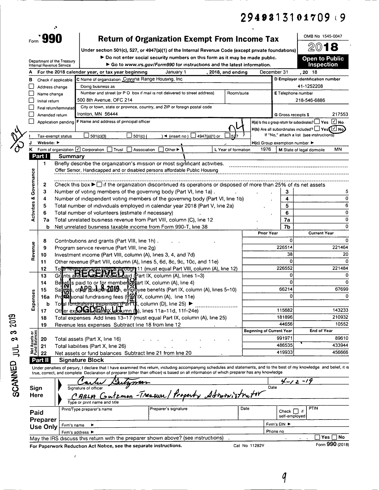 Image of first page of 2018 Form 990O for Cuyuna Range Housing