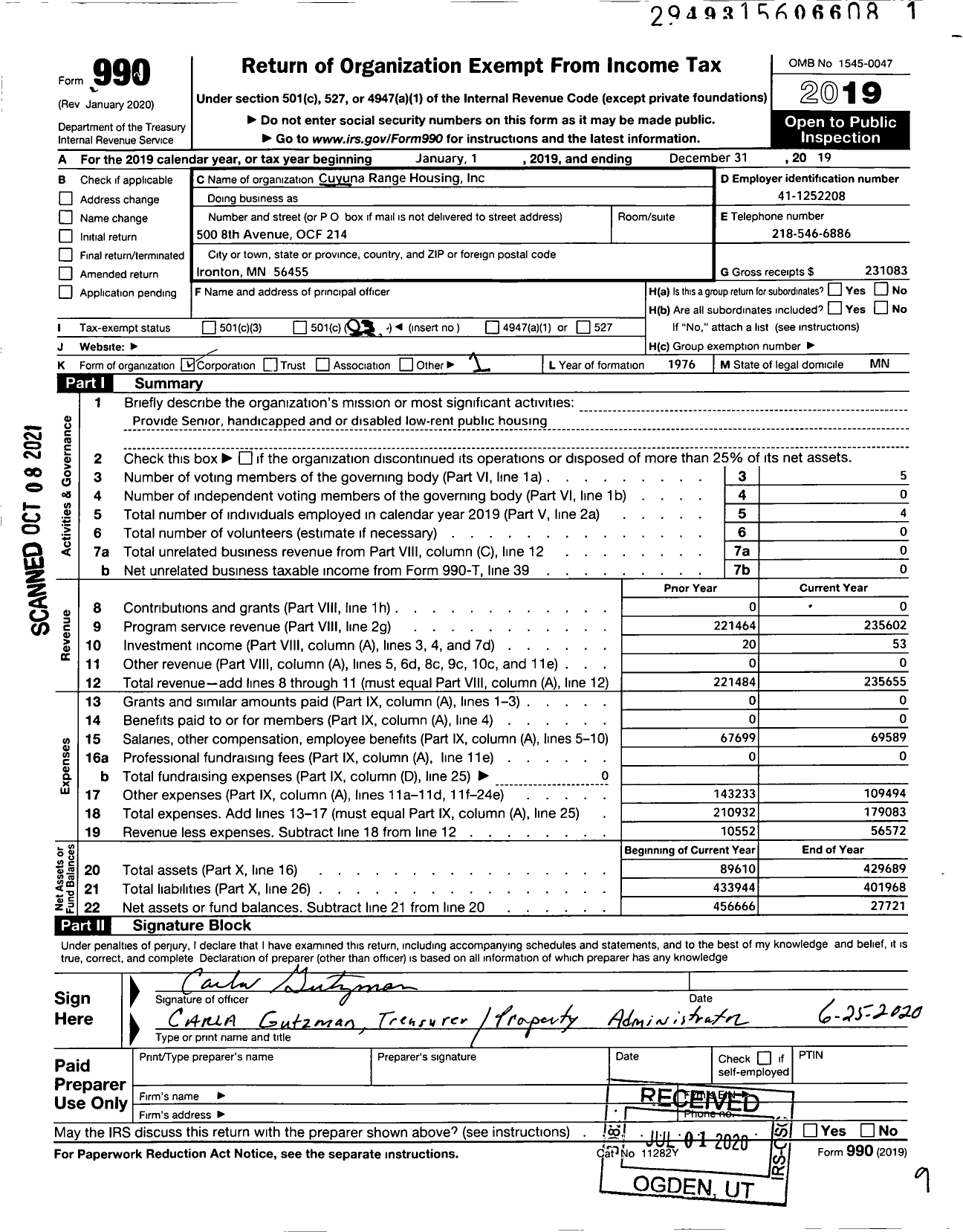 Image of first page of 2019 Form 990 for Cuyuna Range Housing