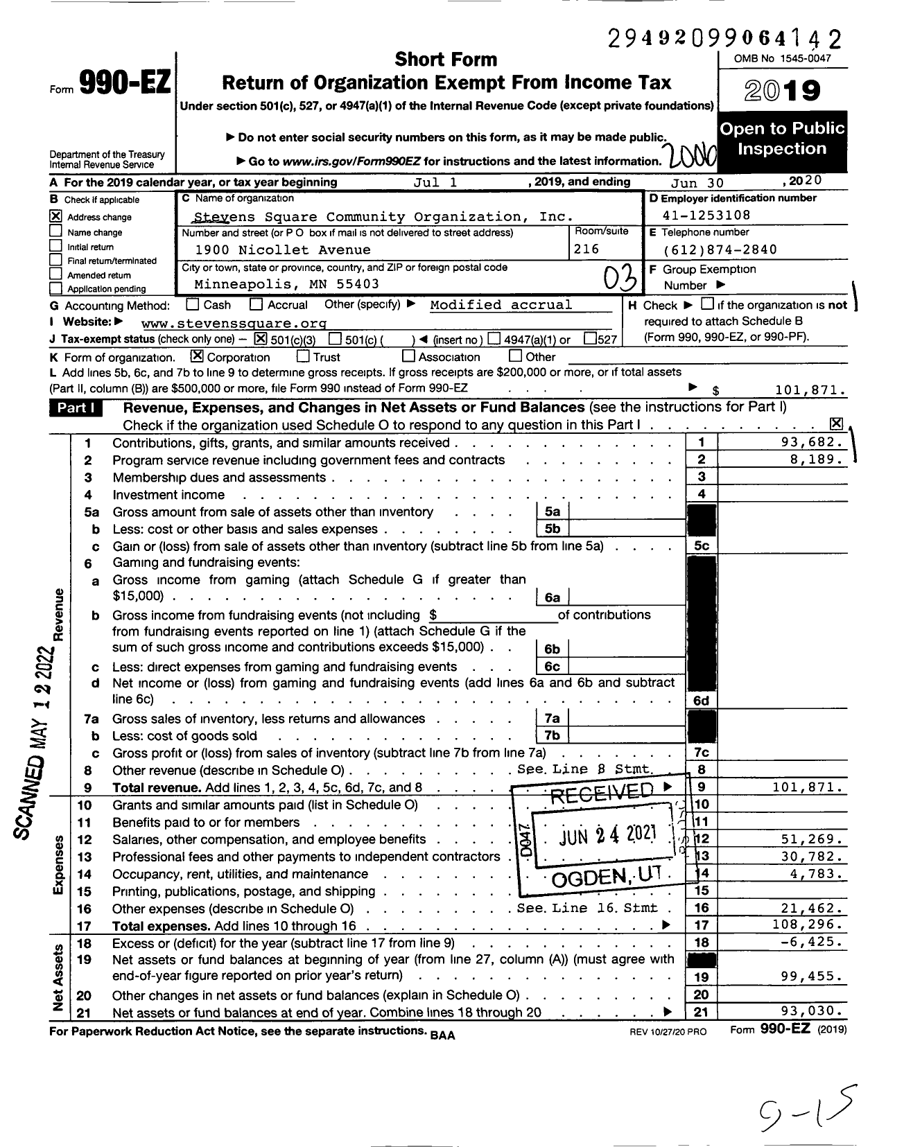 Image of first page of 2019 Form 990EZ for Stevens Square Community Organization