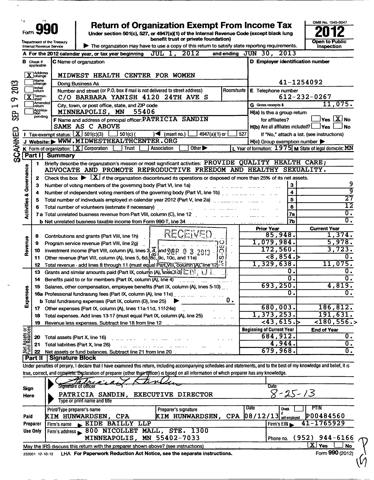 Image of first page of 2012 Form 990 for Midwest Health Center for Women