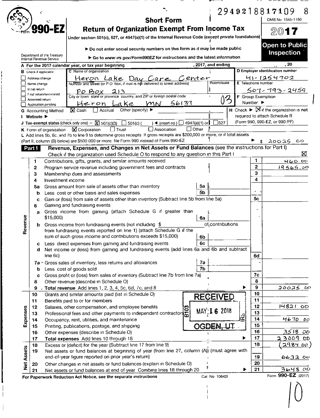 Image of first page of 2017 Form 990EZ for Heron Lake Day Care Center