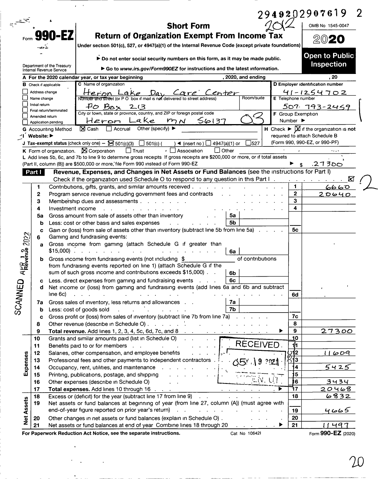 Image of first page of 2020 Form 990EZ for Heron Lake Day Care Center