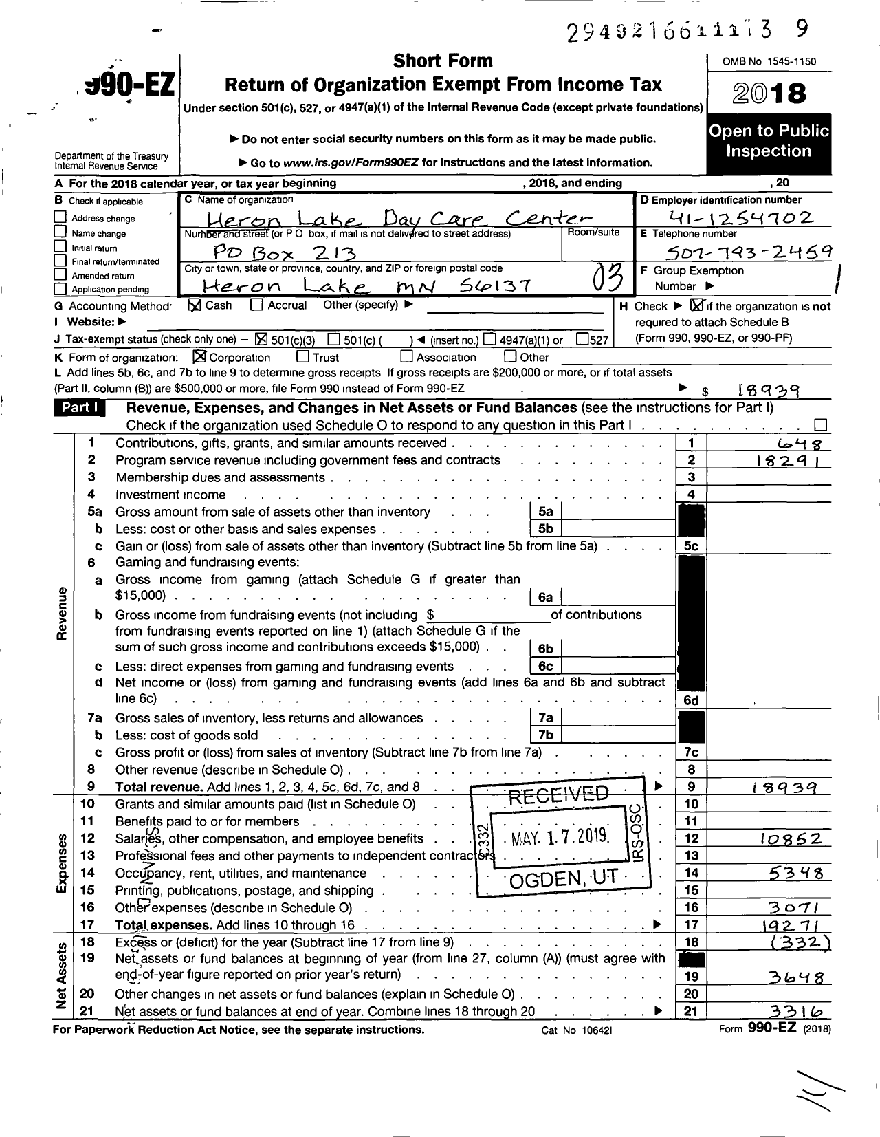 Image of first page of 2018 Form 990EZ for Heron Lake Day Care Center