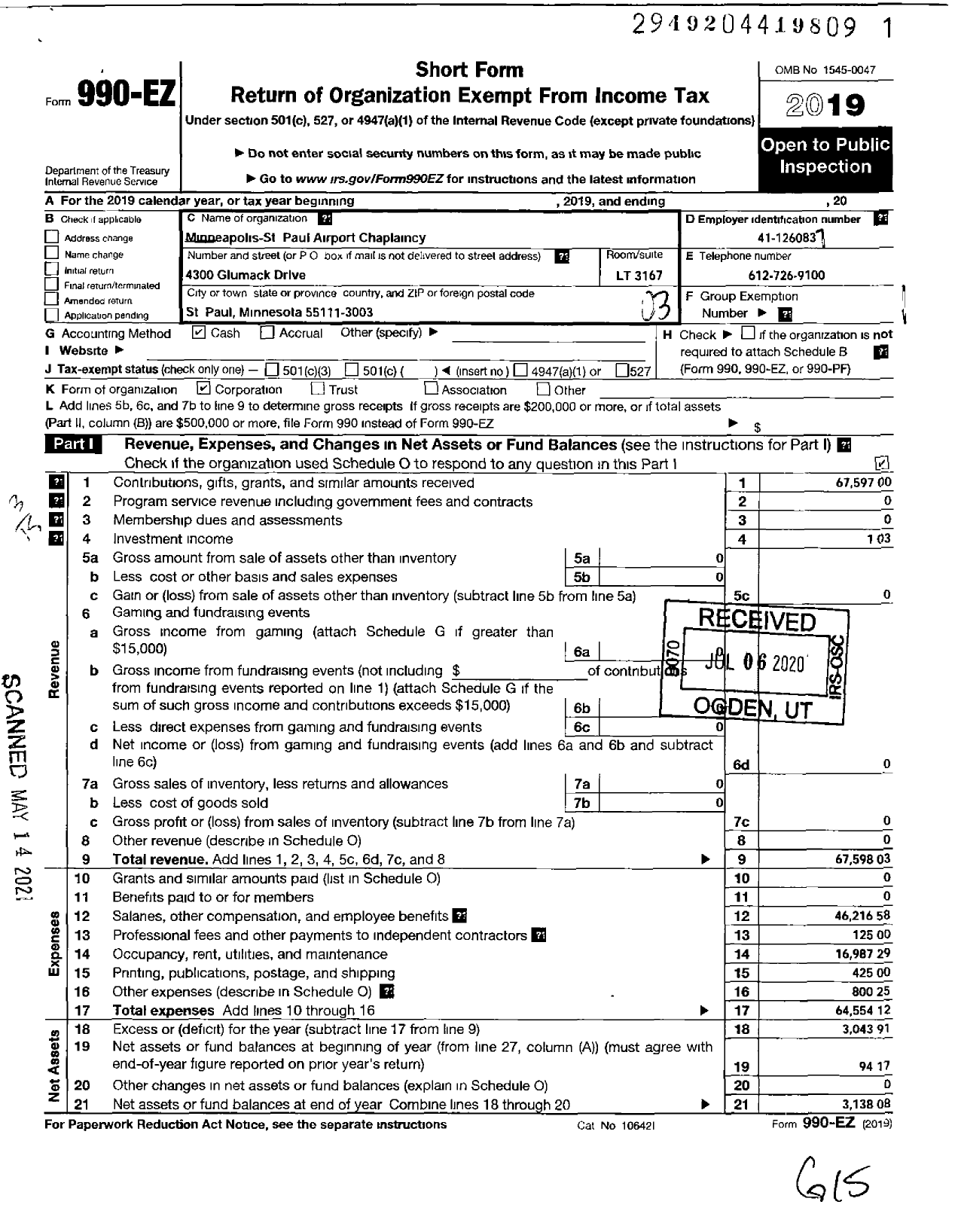 Image of first page of 2019 Form 990EZ for Minneapolis St Paul International Airport Chaplaincy