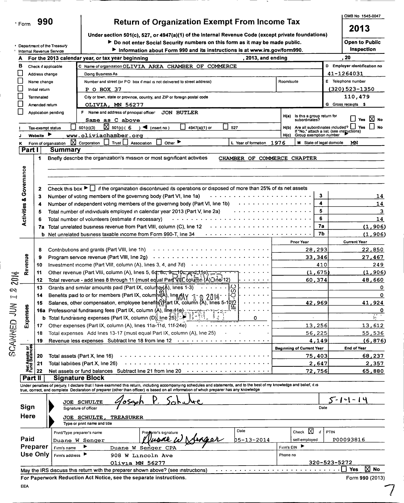 Image of first page of 2013 Form 990O for Olivia Area Chamber of Commerce