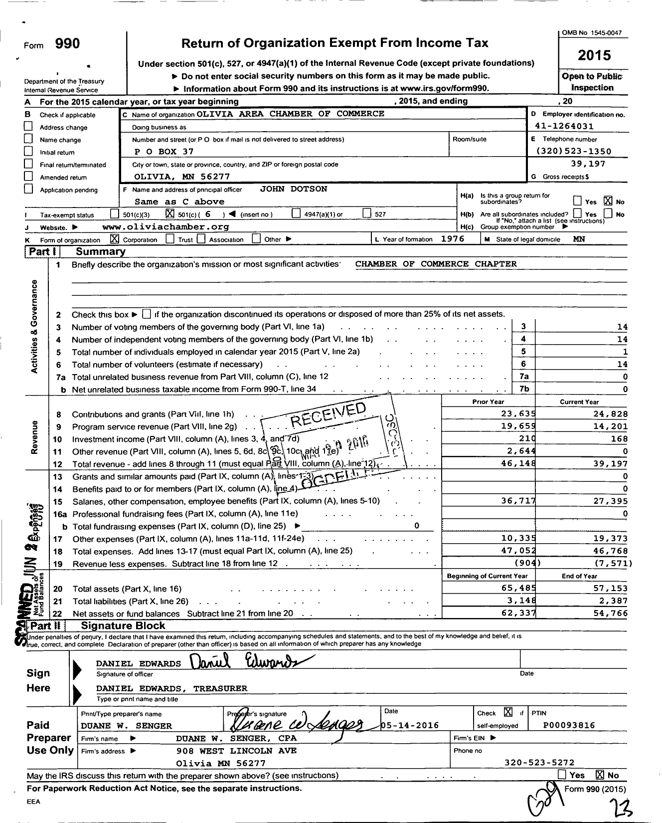 Image of first page of 2015 Form 990O for Olivia Area Chamber of Commerce