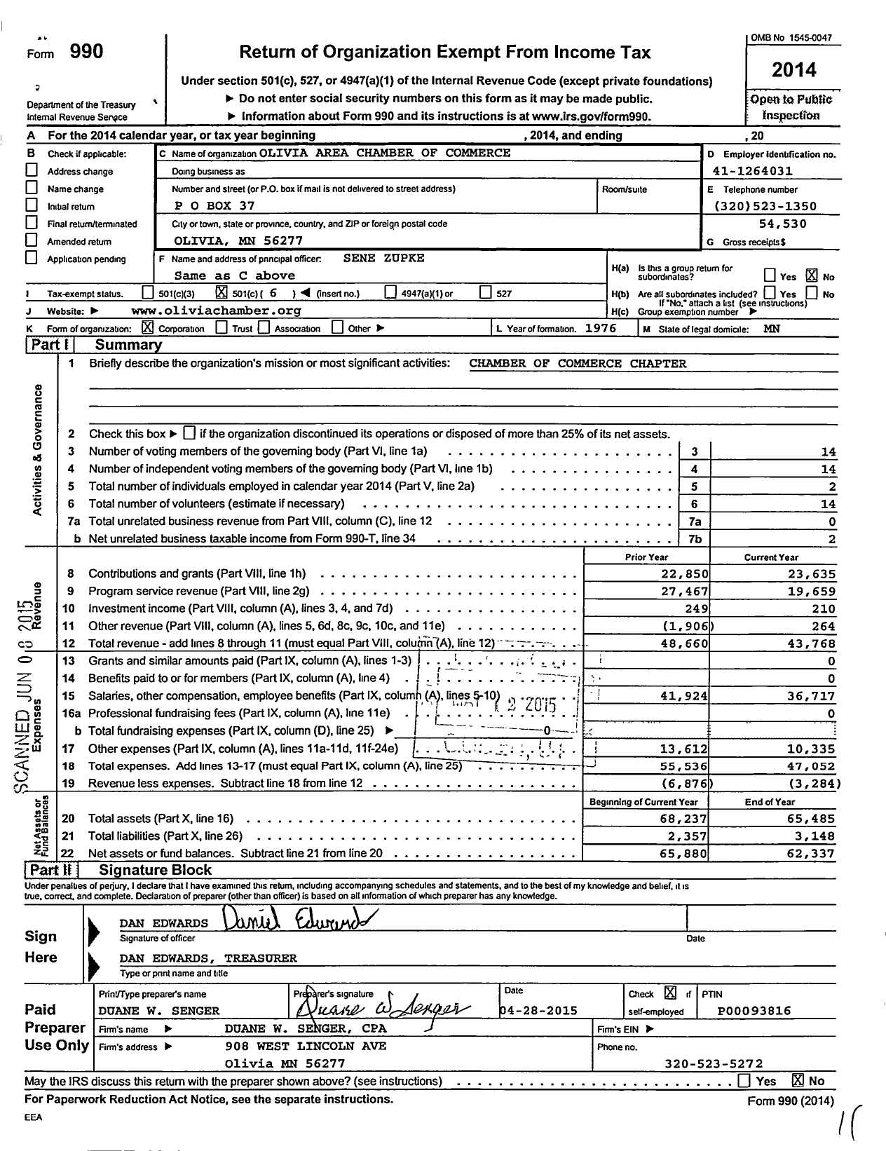 Image of first page of 2014 Form 990O for Olivia Area Chamber of Commerce