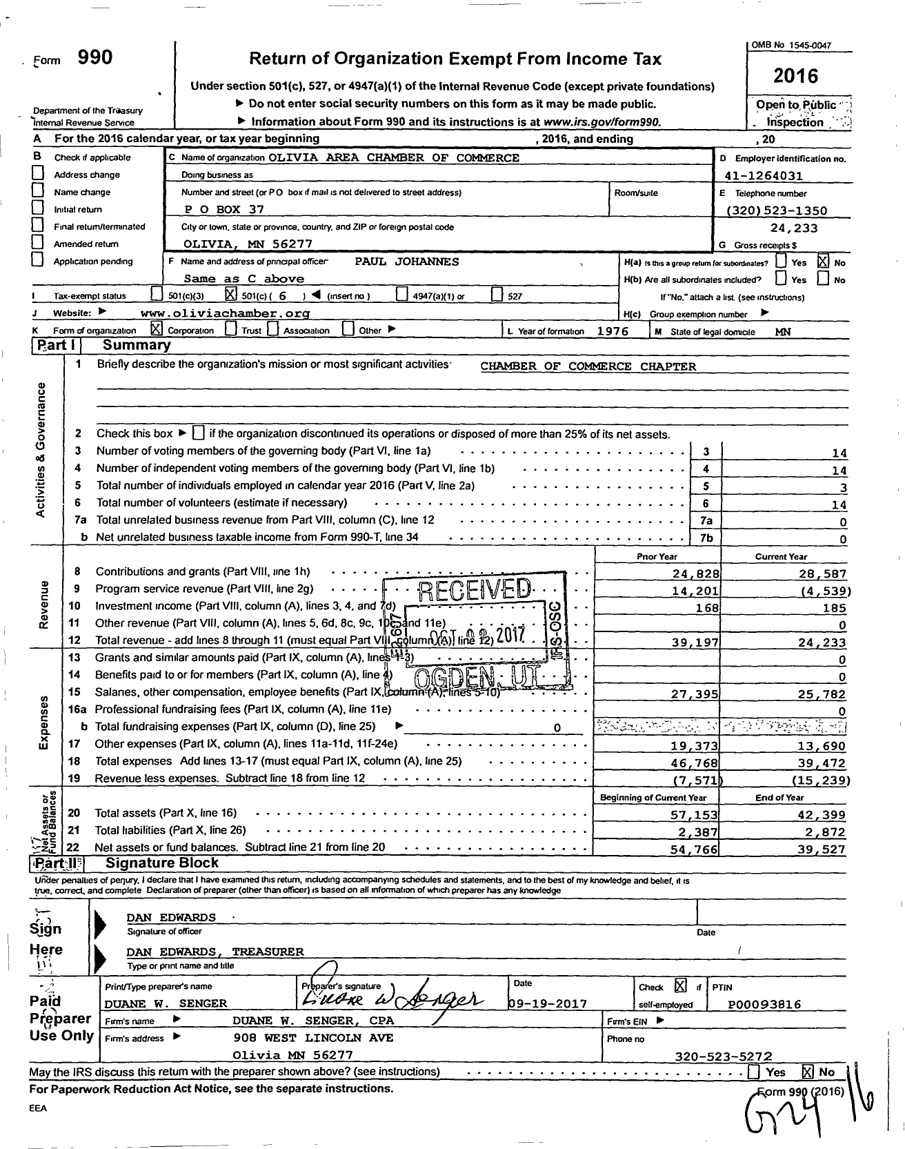 Image of first page of 2016 Form 990O for Olivia Area Chamber of Commerce