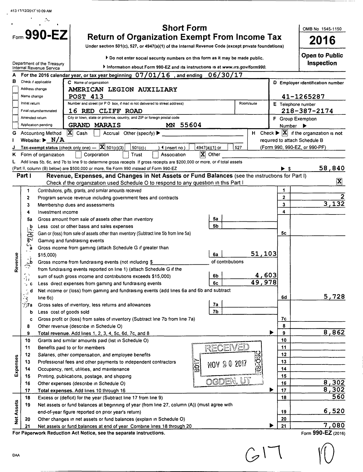 Image of first page of 2016 Form 990EZ for American Legion Auxiliary - 413 Grand Marais