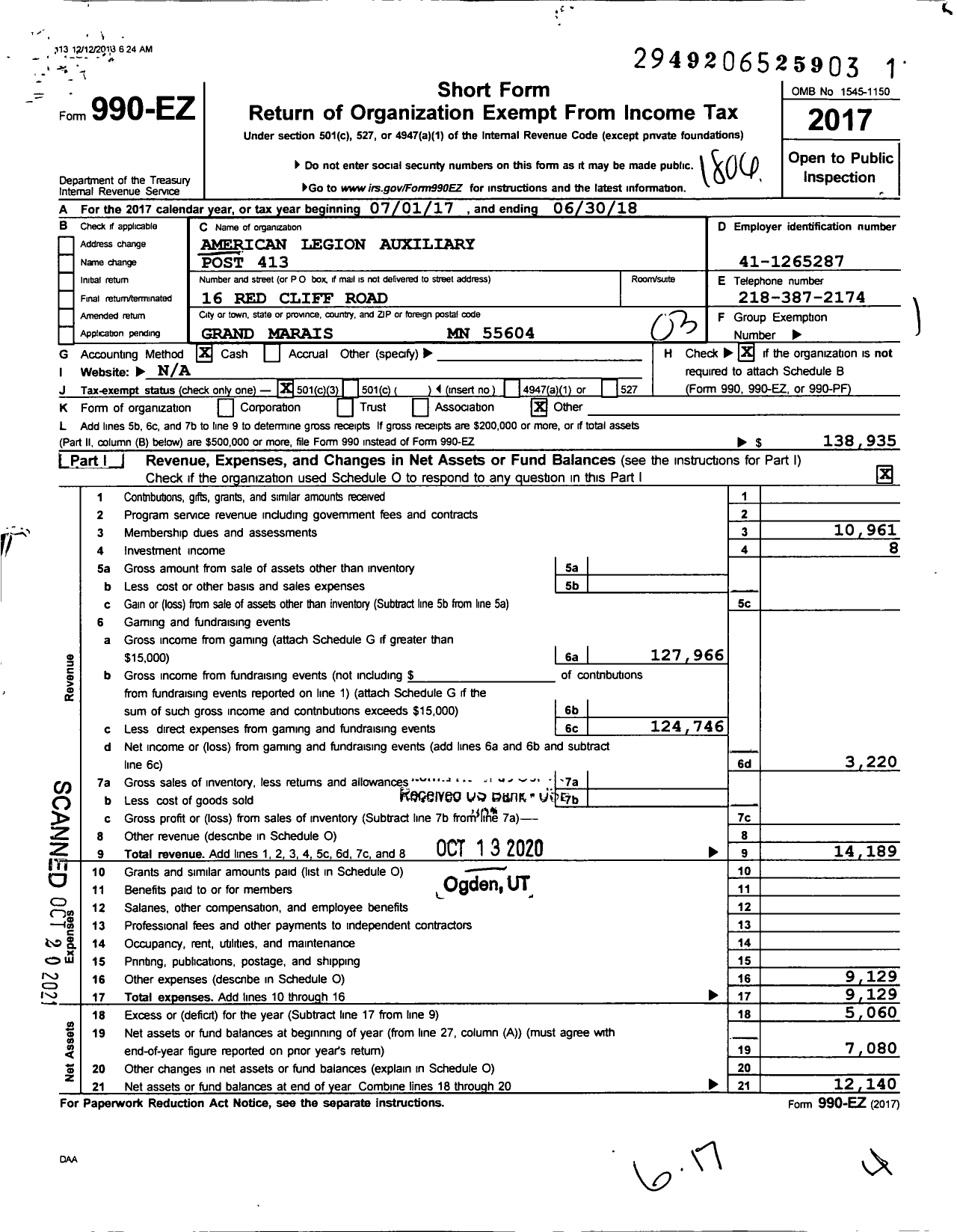 Image of first page of 2017 Form 990EZ for American Legion Auxiliary - 413 Grand Marais