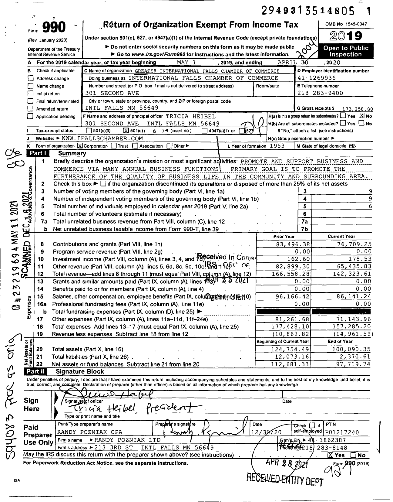 Image of first page of 2019 Form 990O for International Falls Chamber of Commerced