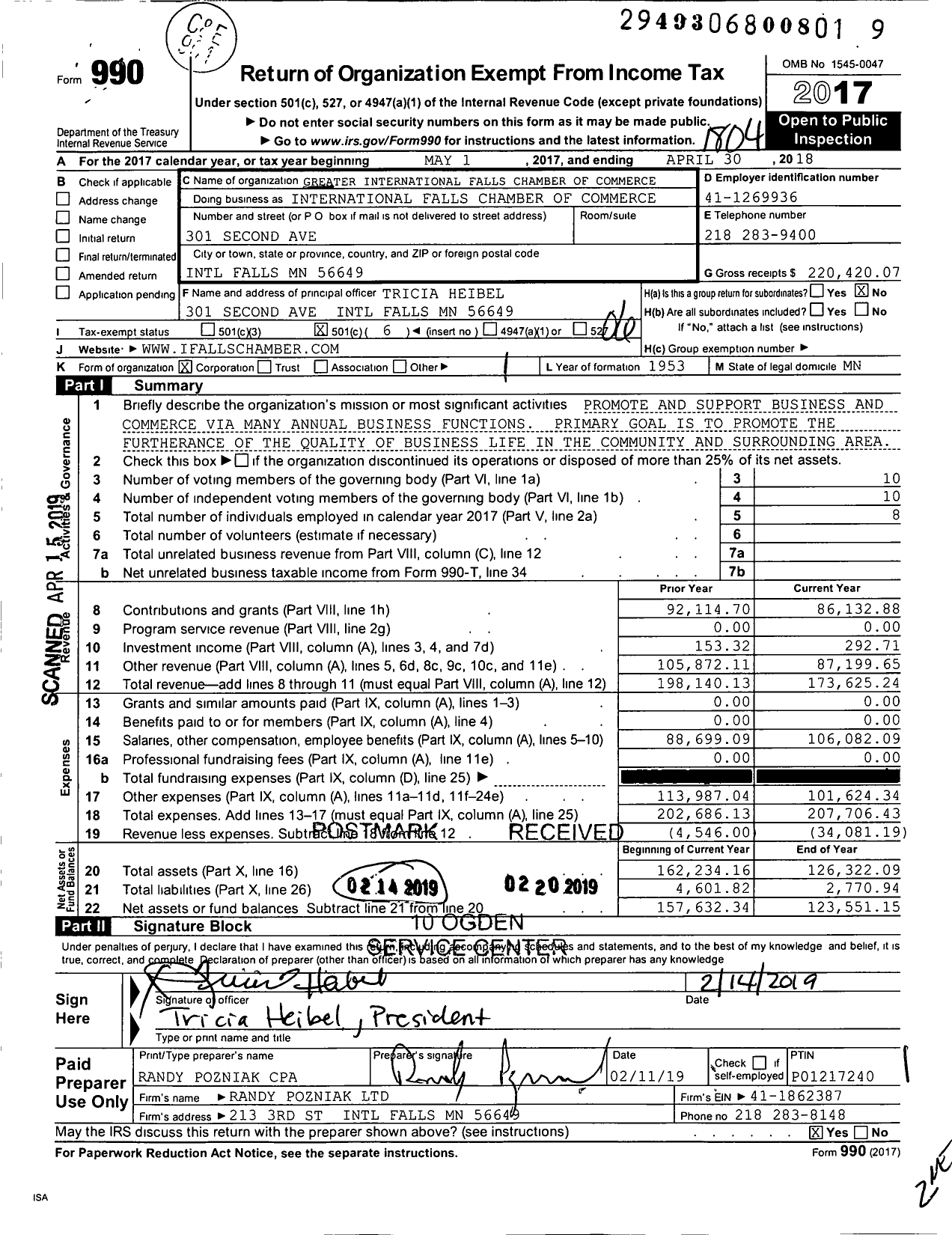 Image of first page of 2017 Form 990O for International Falls Chamber of Commerced