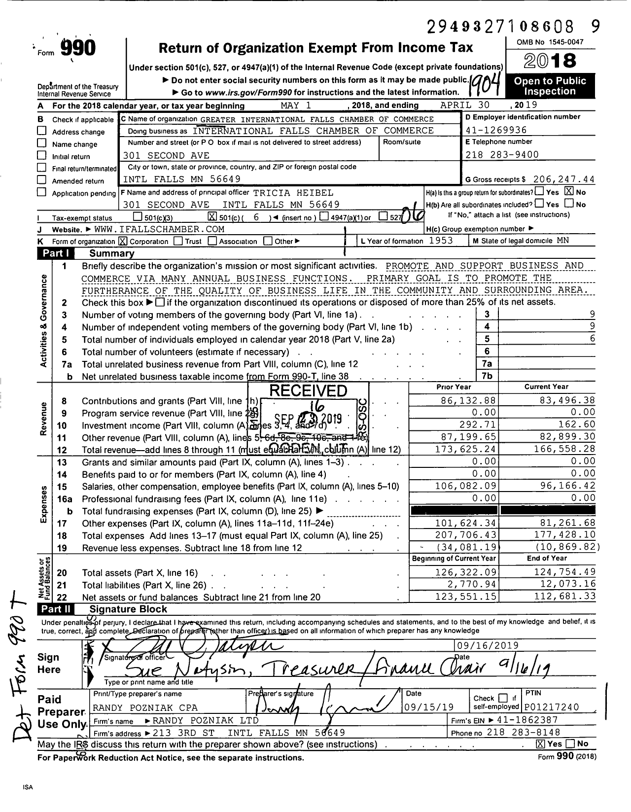 Image of first page of 2018 Form 990O for International Falls Chamber of Commerced