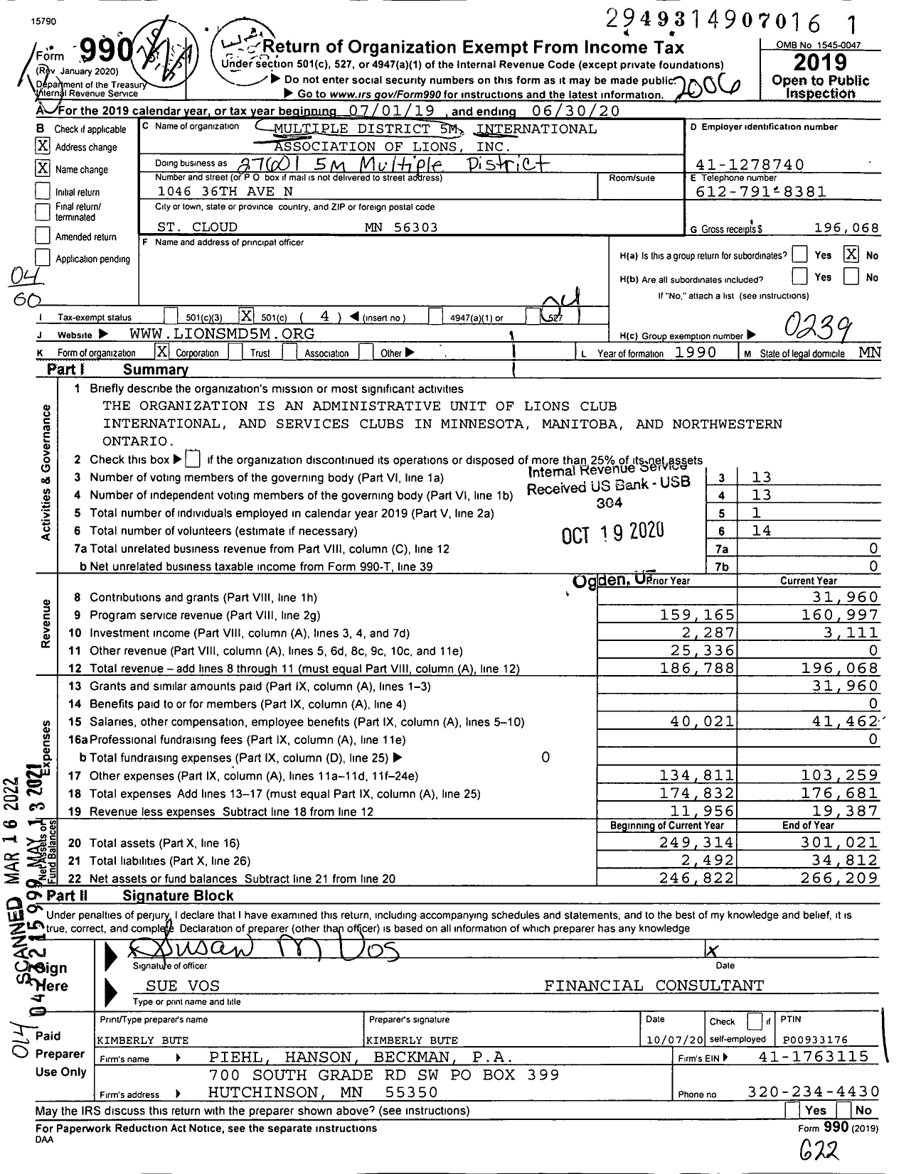 Image of first page of 2019 Form 990O for Lions Clubs - 27601 5M Multiple District