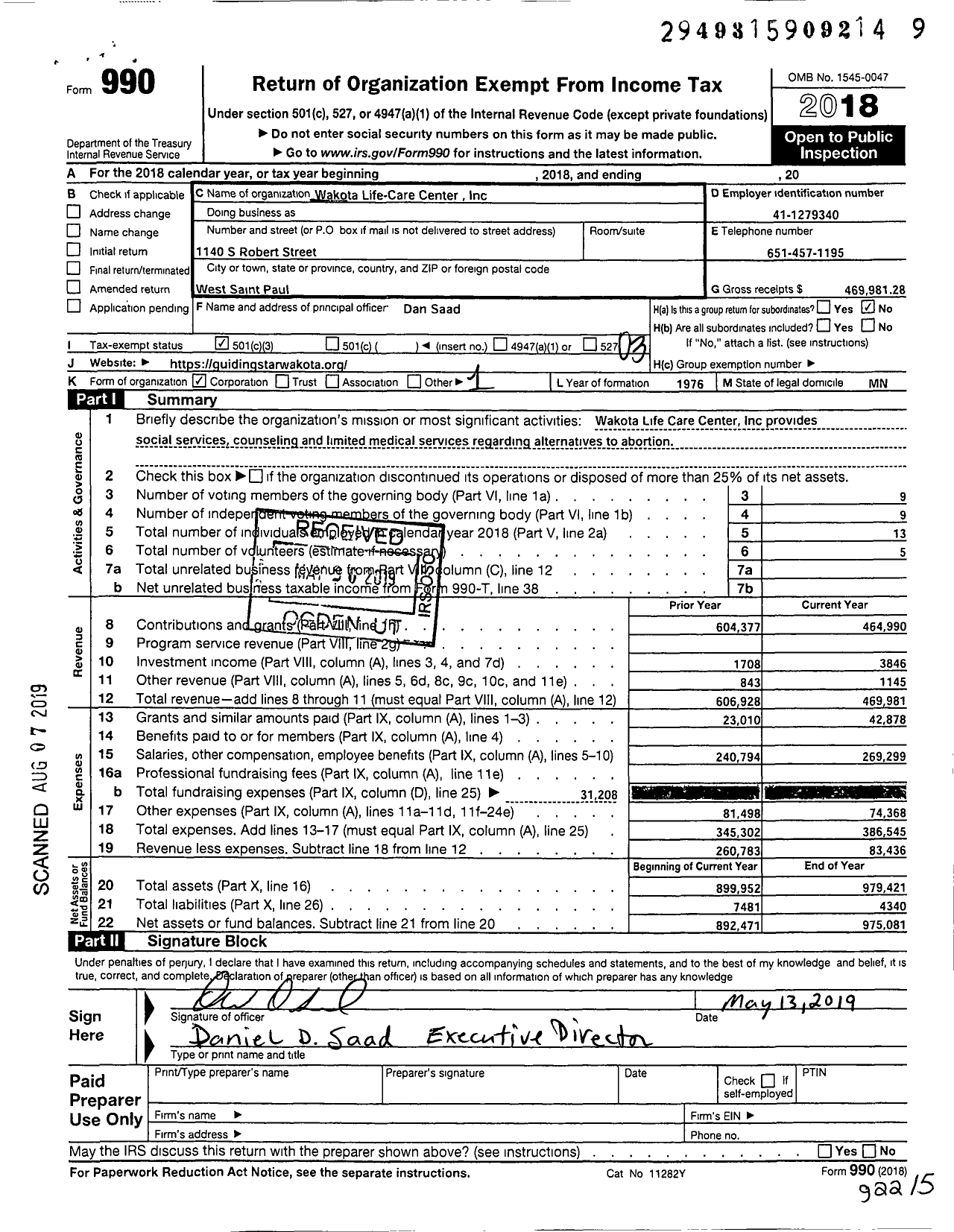 Image of first page of 2018 Form 990 for Guiding Star Wakota