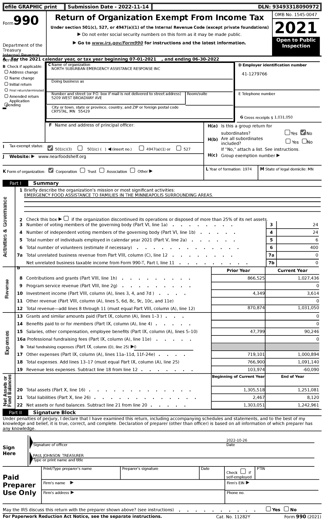 Image of first page of 2021 Form 990 for North Suburban Emergency Assistance Response