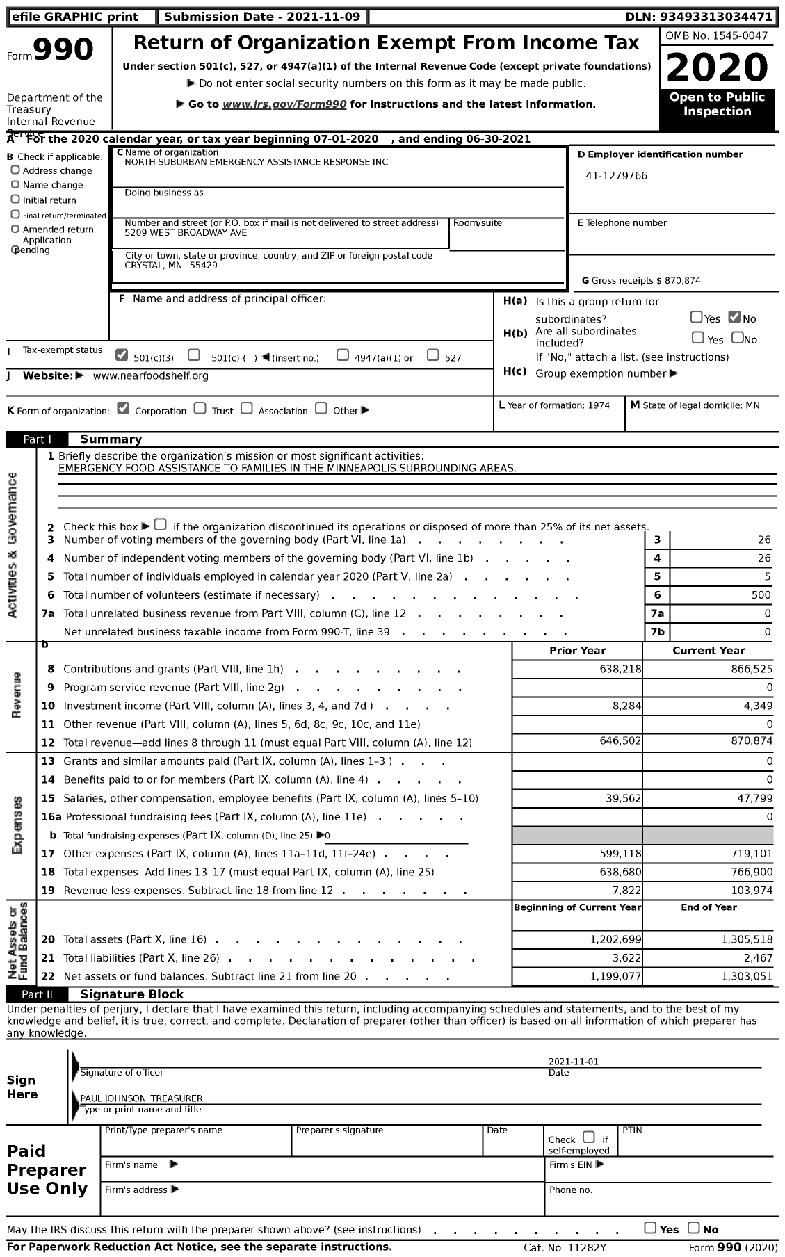 Image of first page of 2020 Form 990 for North Suburban Emergency Assistance Response